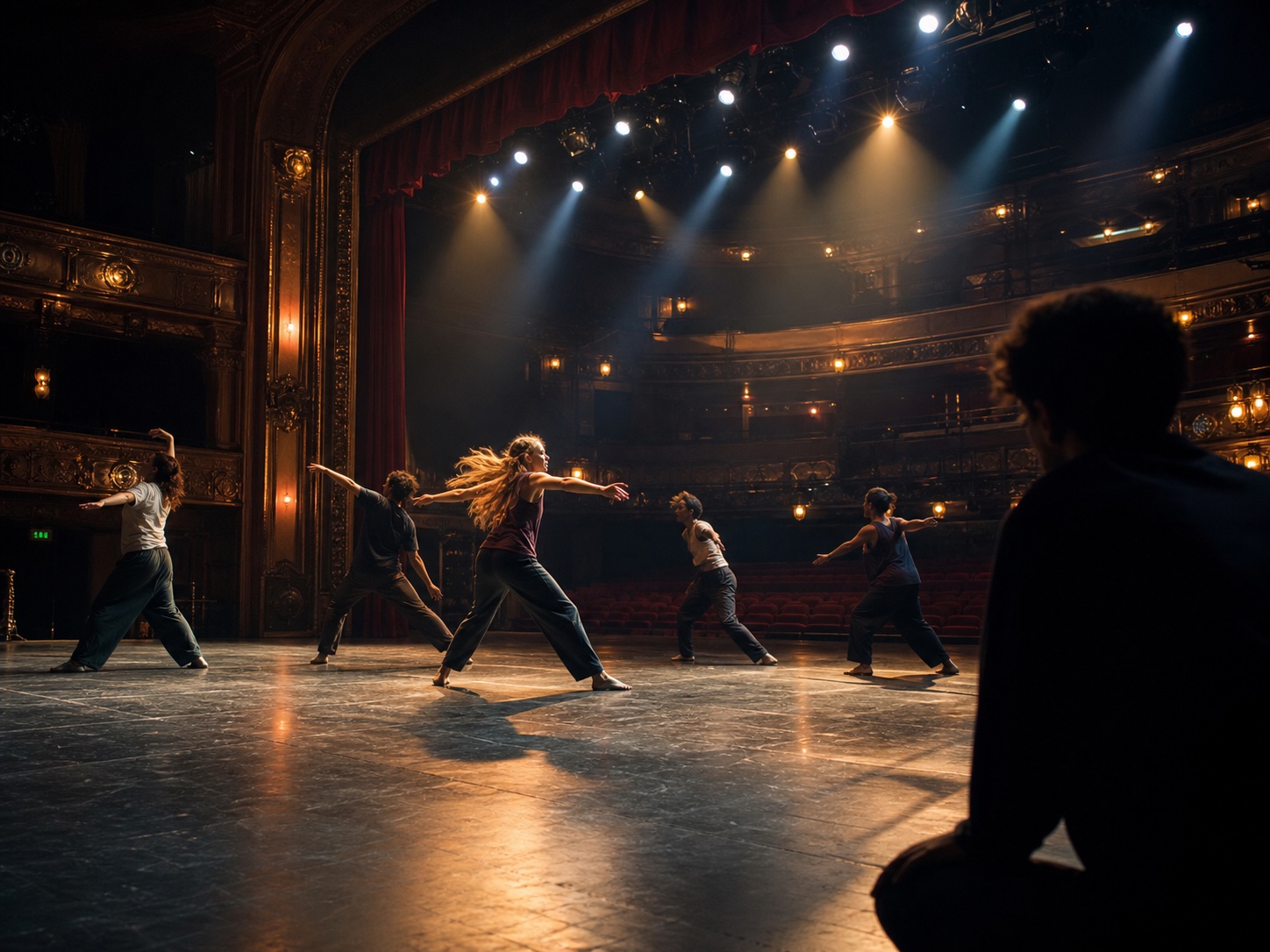Young performers developing movement on a professional theatre stage