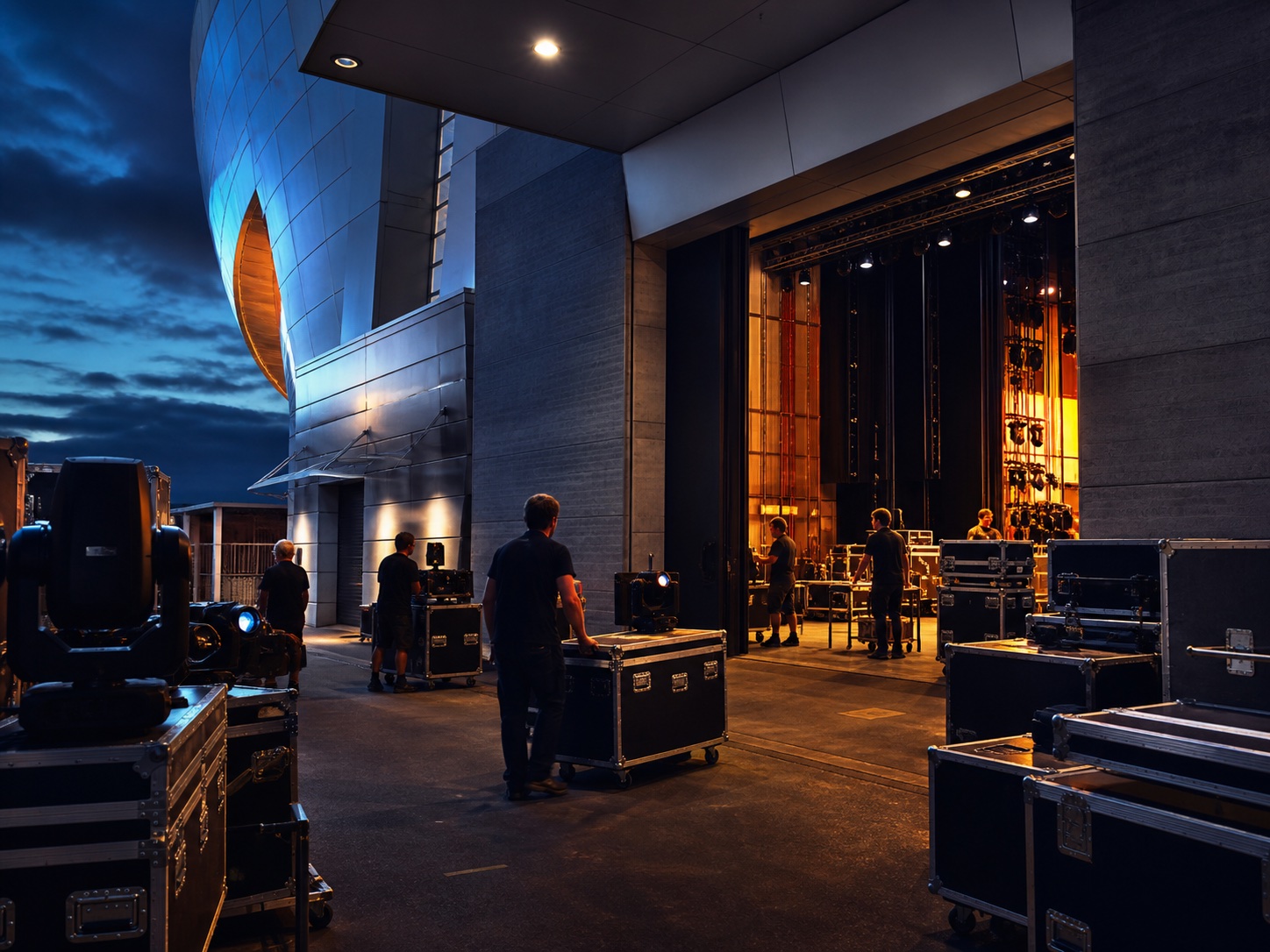 A production crew loading touring equipment into a major venue