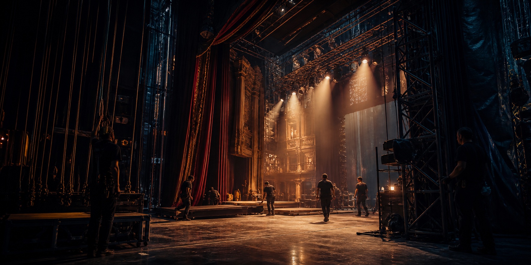 A production team preparing a major theatre stage backstage
